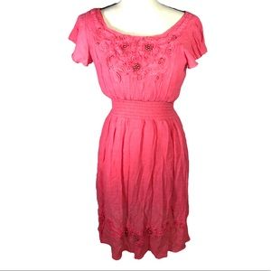 India Boutique Beaded Coral Pink Hippie Dress Stretchy One Size